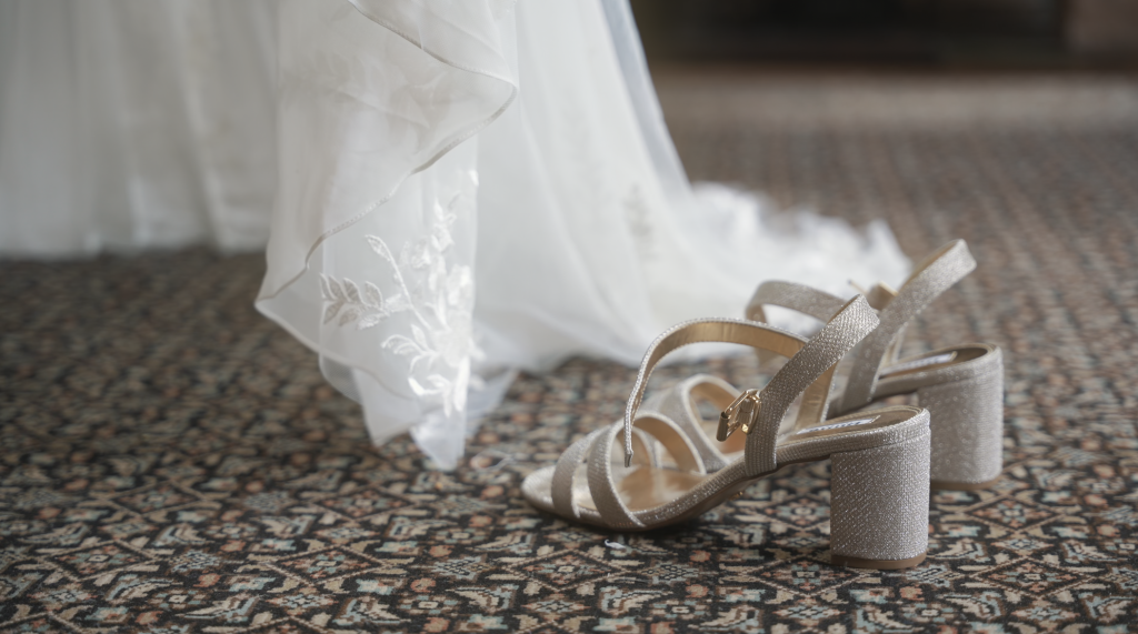 Slingerende bruidsjurk en glinsterende bruidsschoenen op een tapijt met patroon.